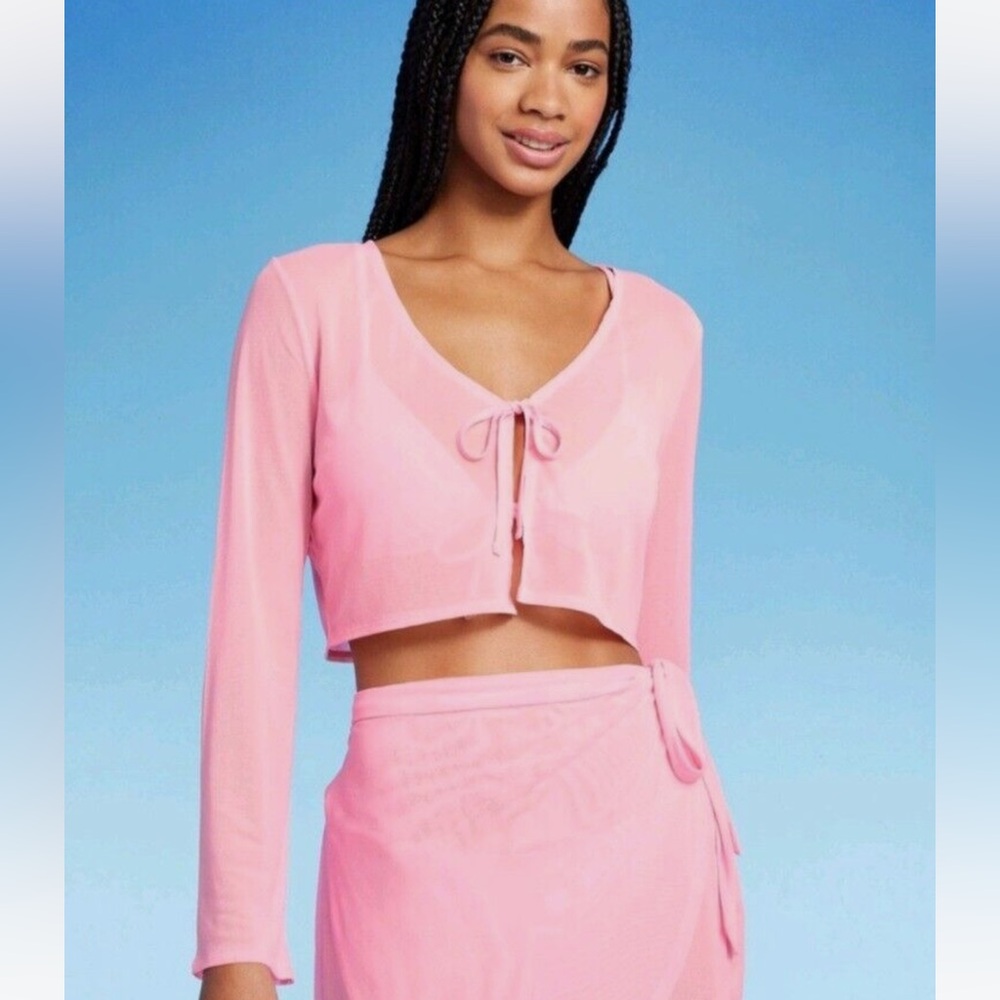 Wild Fable | Women's Tie Front Cropped Mesh Cover Up Cardigan Pink Different Szs